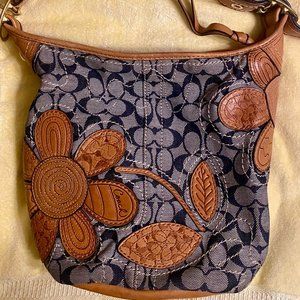 Coach Bleecker Floral Applique Crossbody Hobo Denim Vachetta